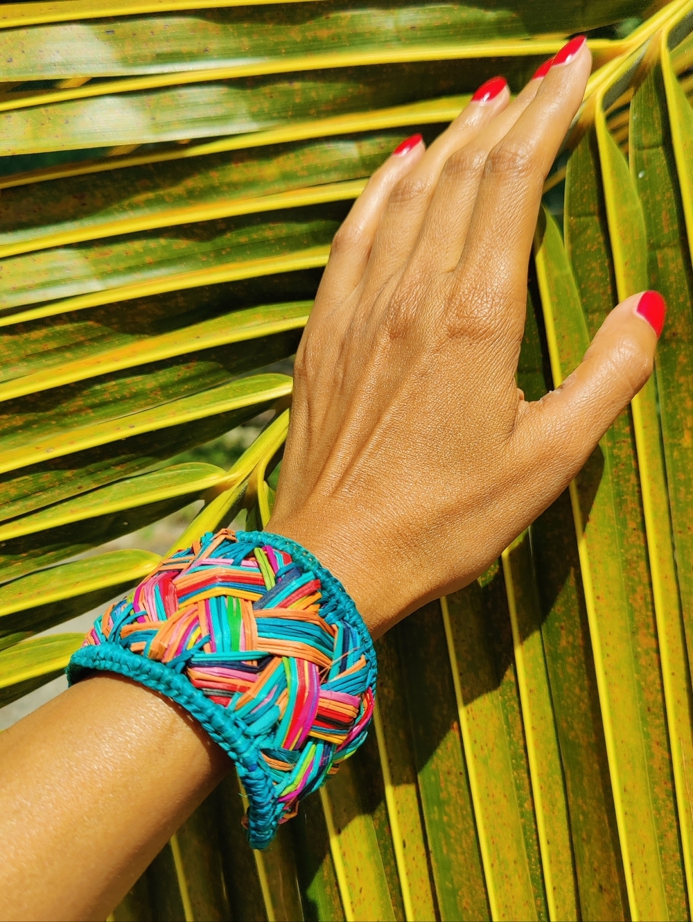 Handwoven Multicolor Women's Cuff Bracelet - Vibrant Teal Blue Trim